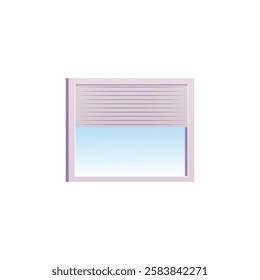 Vector illustration of a square window frame with open white horizontal blinds. Element of interior decor. Curtains for office or home. View from the window. Cartoon flat style. Isolated background.