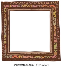 Vector illustration of square wooden doodle frame, isolated on white background.