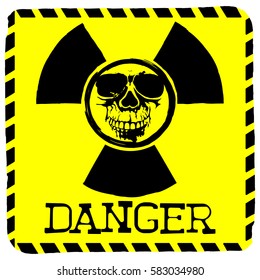 Vector illustration square yellow icon radiation to skull with lettering danger
