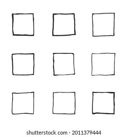 Vector illustration of squares set. 9 shapes isolated on white background. Collection of hand drawn elements. Checkboxes for tests and to do lists.