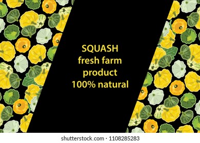 vector illustration of squash and leaf design background black and vegetable and text fresh farm product 100% natural EPS10