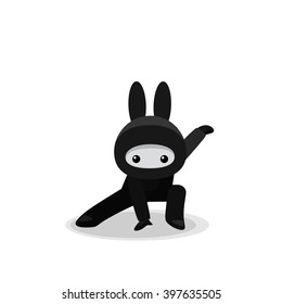 Vector illustration of squatting cute bunny ninja isolated on white background 