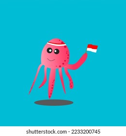 Vector illustration of a squid carrying the Indonesian flag, suitable for posters and events in Indonesia.