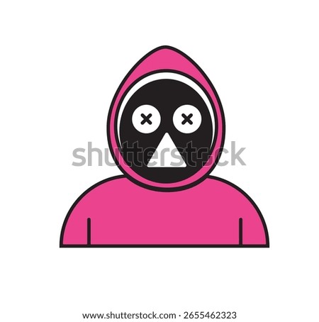  Vector illustration of a Squid Game-inspired masked figure in a pink hoodie with a triangle symbol and X eyes. Perfect for fan art, pop culture content, stickers, posters, and digital design.