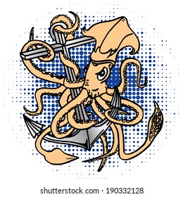 A vector illustration of a squid who 'holding' an anchor. Can be used as an emblem or mascot.