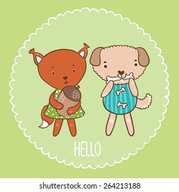 vector illustration of a squirrel with acorn and a dog with a bone