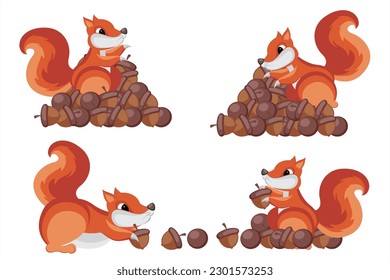 Vector illustration of a squirrel. Squirrel cartoon collection eating nuts