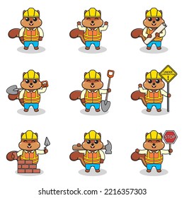 Vector illustration of Squirrel character at construction site. Construction workers in various tools. Cartoon Squirrel characters in hard hat working at building site vector.