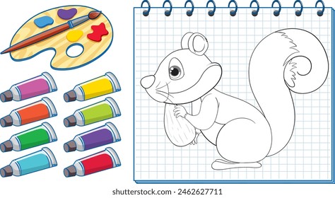 Vector illustration of squirrel with coloring tools