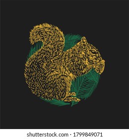 ilustración vectorial la ardilla está comiendo bellotas con un grabado vintage de fondo de ornamento de círculo