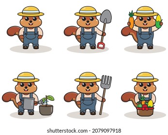 Vector illustration of Squirrel farmer cartoon. Cute farmer character design with straw hat. Character flat design. isolated on white.