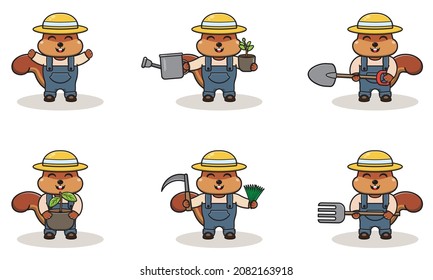 Vector illustration of Squirrel farmer cartoon. Cute Squirrel farmer character design with straw hat. Character flat design.