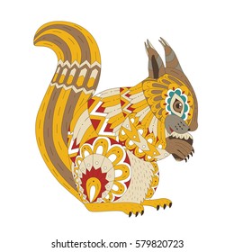 Vector illustration of the squirrel, isolated. Artwork in ethnic and zentangle style. T-shirt, print, card, poster, tattoo design