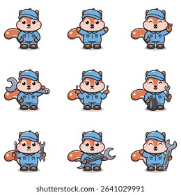 Vector Illustration of Squirrel Mechanic Cartoon Character. Mechanic Character Vector Illustration. Squirrel Character animal. Mechanic Mascot.