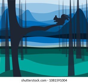 Vector Illustration of Squirrel on the Background of the Twilight Landscape