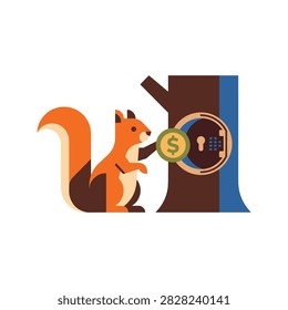 Vector illustration of a squirrel putting a gold dollar coin into a safe embedded in a tree trunk representing financial savings and investment.