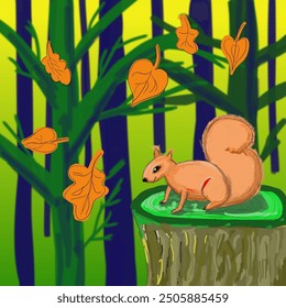 Vector illustration of a squirrel sitting on a tree stump. Squirrel in the forest on a stump. Autumn forest. Blurred background, falling orange leaves. Autumn, squirrel, animal, nature, forest.