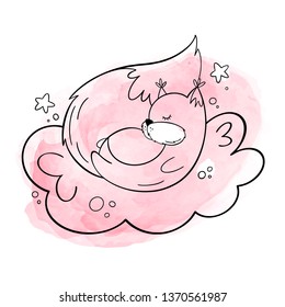 Vector illustration of a Squirrel sleeping on a cloud. Pink watercolor, hand-drawn style