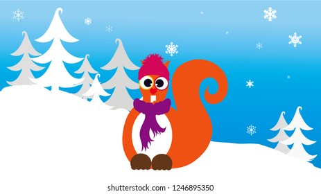 Vector illustration of squirrel in the snowy woods in the winter.