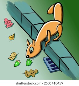 Vector illustration of a squirrel standing on a bollard and reaching for an acorn on the road. Squirrel, acorn, fallen autumn leaves. Autumn illustration with leaves and squirrel.