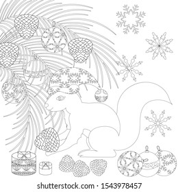 Vector illustration with a squirrel that sits under the branches of a Christmas tree with toys, snowflakes, gifts and holds a cone in its paws. Zenart. Anti-stress coloring.