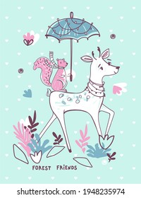 Vector illustration.  Squirrel with umbrella riding on a deer.  Mint background with white hearts.  Cute illustration with forest tricks. Print for clothes or postcards