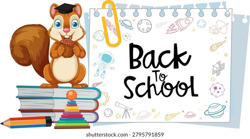Vector illustration of a squirrel wearing a graduation cap standing on school supplies and paper.