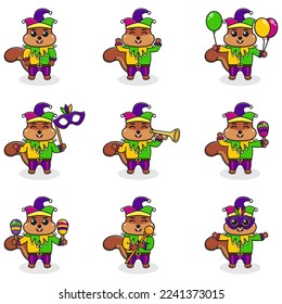 Vector illustration Squirrel wearing mardi gras clothes in different poses isolated on white background. A cartoon illustration of a Mardi Gras Squirrel. Mardi Gras jester, set.