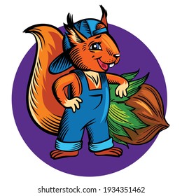 Vector illustration of a squirrel in a work uniform leaning on a hazelnut. The drawing can be used for a logo 