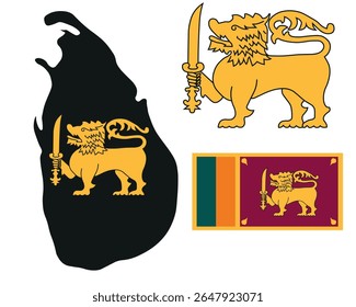 Vector illustration of the Sri Lankan national flag with lion symbol, perfect for patriotic, cultural, or educational design projects, Sri Lankan map silhouette