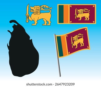 Vector illustration of the Sri Lankan national flag with Sri Lankan map silhouette, lion symbol, perfect for patriotic, cultural, or educational design projects
