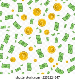 Vector illustration of Sri Lankan Rupee currency. Random pattern of banknotes and coins in green and gold colors on transparent background (PNG). 