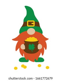 Vector illustration of St. Patrick’s Day gnome holding a pot of gold.