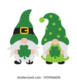 Vector illustration of a St. Patrick’s day gnome boy and girl couple holding clover leaves.