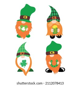 Vector illustration of St. Patrick’s Day Gnomes, Irish Gnomes Vector Holding Clovers, Shamrock	