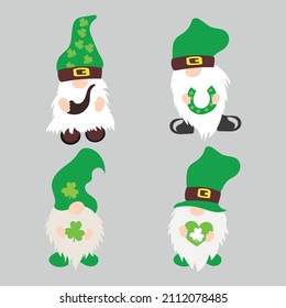 Vector illustration of St. Patrick’s Day Gnomes, Irish Gnomes Vector Holding Clovers, Shamrock	