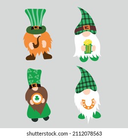 Vector illustration of St. Patrick’s Day Gnomes, Irish Gnomes Vector Holding Clovers, Shamrock	