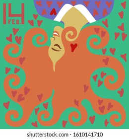 A vector illustration for a st. Valentine’s Day set. An image of a dreaming girl with closed eyes and hair with curls lying on a meadow and hearts around with a writing "14 FEB." nearby