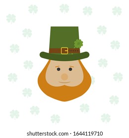 Vector illustration of St. Patrick’s icon, emoticon of the Irish gnome with a green hat and beard. Clover for good luck