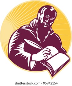 vector Illustration of an St. Jerome old male saint writing using quill pen on paper scroll viewed from side done in retro woodcut style.