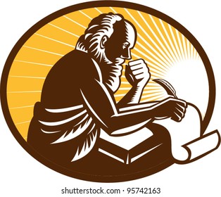 vector Illustration of an St. Jerome old male saint writing using quill pen on paper scroll viewed from side done in retro woodcut style.