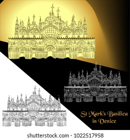 Vector illustration of St. Mark's Basilica in Venice (Italy). Contour detailed sketch of the Patriarchal Cathedral Basilica of Saint Mark
