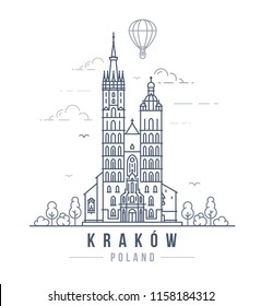 Vector illustration of the St. Mary's Basilica in Krakow, Poland. Line art style drawing of the famous landmark building in the Polish city.