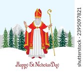 Vector illustration of St Nicholas with mountain background