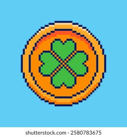 Vector Illustration of St Patrick Day Lucky Coin with Pixel Art Design, perfect for game assets themed designs
