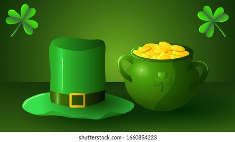 Vector illustration of st. Patrick 's Day. Clover, pot of gold with hat on green background.