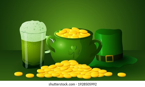 Vector illustration of st. Patrick 's Day. pot of gold with hat and beer on green background.