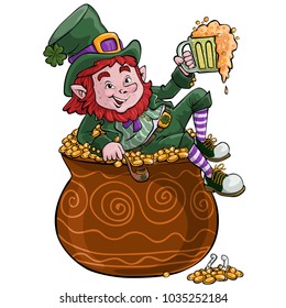 Vector illustration, St. Patrick sitting in a money pot, cartoon concept, white background.