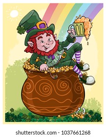 Vector illustration, St. Patrick sitting in a money pot, cartoon concept.