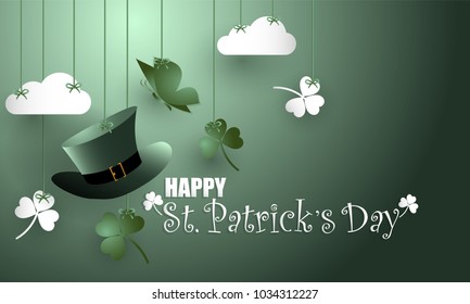 Vector illustration of St. Patrick's badge with green hat, white clouds, clover leaves and butterfly in paper art craft style on green background.